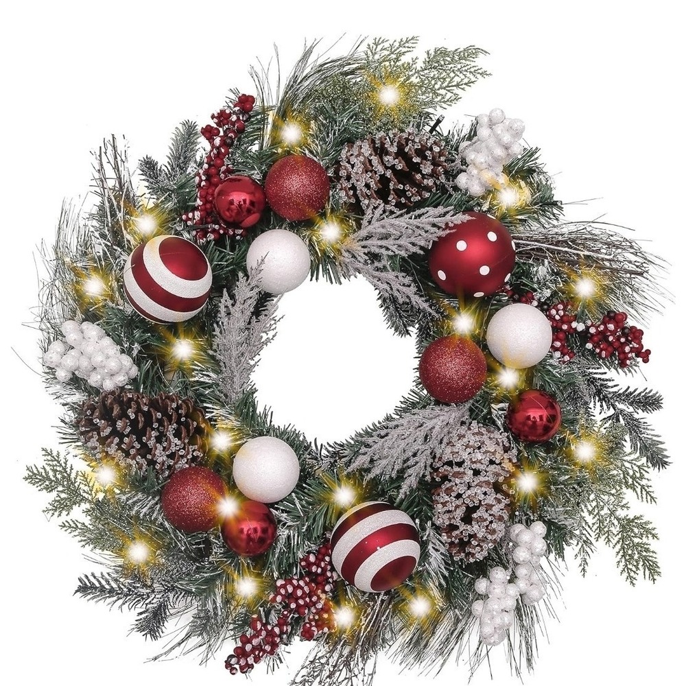 Valery Madelyn 24'' Pre-Lit Christmas Wreath for Front Door w Light Candy Cane